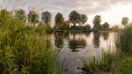 Rural landscape of the Amstel river at the golden hour