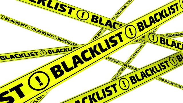 Blacklist. Yellow warning tapes in motion. Yellow warning tapes with black words BLACKLIST against a white background. Isolated. Footage video