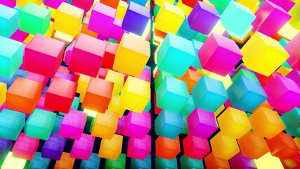 3d render. Abstract background with multicolor cubes or blocks grid in air and neon lights. Blocks like neon bulbs. Motion design bg for festive event