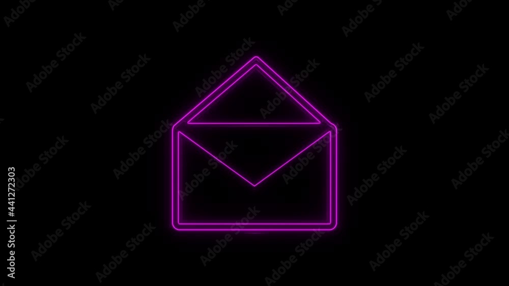 Poster Glowing neon line Mail and e-mail icon isolated on black background. Envelope symbol e-mail. Email message sign. 4K