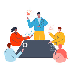 Vector illustration of working people, multicultural people working together doing analysis, working with laptop and internet, communicating in analyst team, business project team
