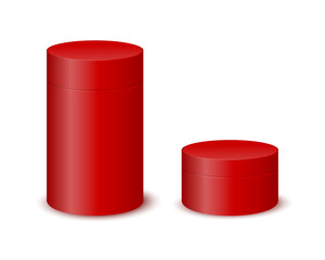 Red tube boxes isolated on white background. Cylinder cardboard, plastic or metal package mockup for product design. Blank containers for gifts, food, tea, hats. Vector realistic illustration.