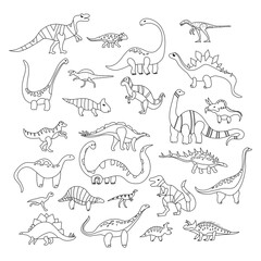 Coloring with various dino characters set.Game for kids.Cute hand drawn dinosaurs.Sketch Jurassic,Mesozoic reptiles.Prehistoric illustration with outline animals.Baby shower illustration,print