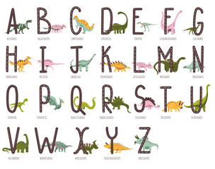 Dino alphabet.Hand drawn cute dinosaurs.Educational prehistoric illustration.Each letter match to reptiles name.Sketch Jurassic,Mesozoic animals.Childish lizard girls.Funny comic font.Enjoy learning