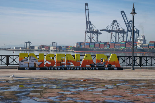 ensenada, baja california mexico February 16/2020 Giant sign with the name of the city of Ensenada, located in the malecon at the seashore
