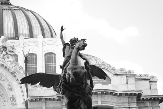 Mexico City, Mexico. September 20, 2018.black and white photographic of sculpture of pegasus sculpture in bellas artes