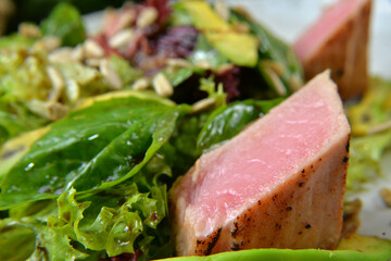 Salad Nicoise with Seared Tuna - Image, Tuna salad with fresh vegetables served closeup