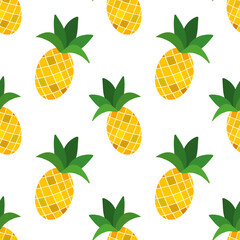 Bright and colorful seamless fruit summer pattern with pineapples on white background