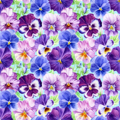 Watercolor seamless pattern with summer flowers. Endless floral illustration with colorful pansies, leaves, buds on a light blue background.