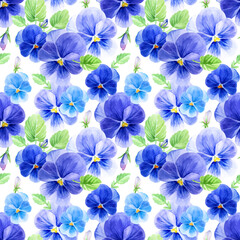 Watercolor seamless pattern with summer flowers. Endless floral illustration with blue pansies, green leaves, buds on white background.