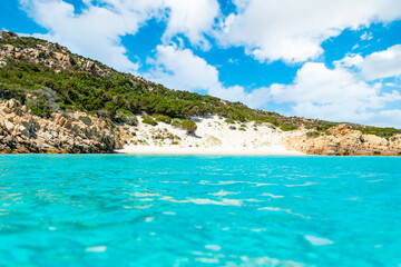 Fototapeta na wymiar (Selective focus) Stunning view of a white sand beach bathed by a beautiful turquoise sea during a sunny day. Isola di Spargi, Maddalena Archipelago, Sardinia, Italy.