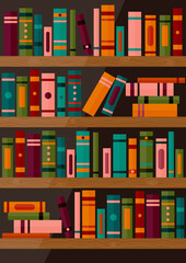 Bookshelf with books. Set of different book spines on wooden shelves. Book banner. Vector illustration of library book shelf background.