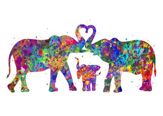 Fototapeta premium Elephant Family Love Animal watercolor, abstract painting. Watercolor illustration rainbow, colorful, decoration wall art.