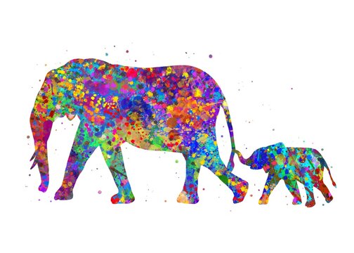 Elephant  and Baby Animal watercolor, abstract painting. Watercolor illustration rainbow, colorful, decoration wall art.