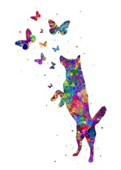 Fototapeta na wymiar Dog and Butterfly Animal watercolor, abstract painting. Watercolor illustration rainbow, colorful, decoration wall art.