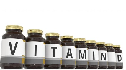 VITAMIN D text on the labels of medical bottles. 3d animation - Powered by Adobe