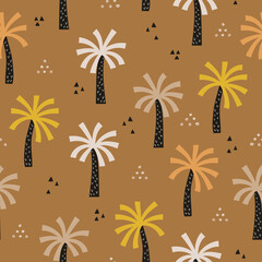 Fototapeta na wymiar Seamless cartoon palm trees pattern in Scandinavian style. Safari vector illustration for kids.