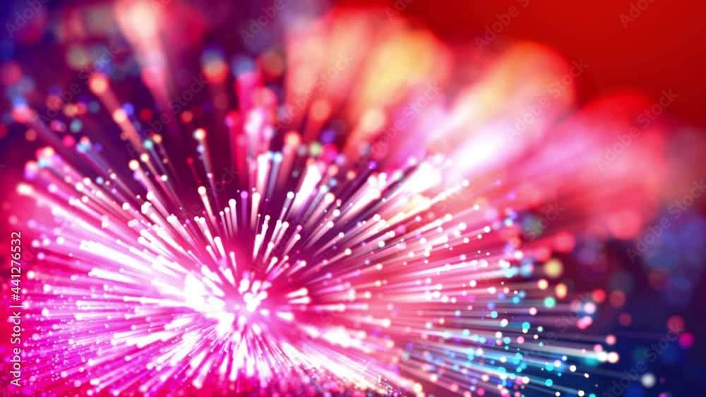 Wall mural 4k abstract creative background with multicolor light rays like laser show and with shining bokeh sp