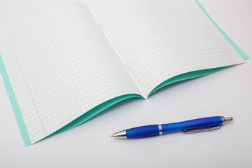 blank notebook and a blue ballpoint pen on a white background