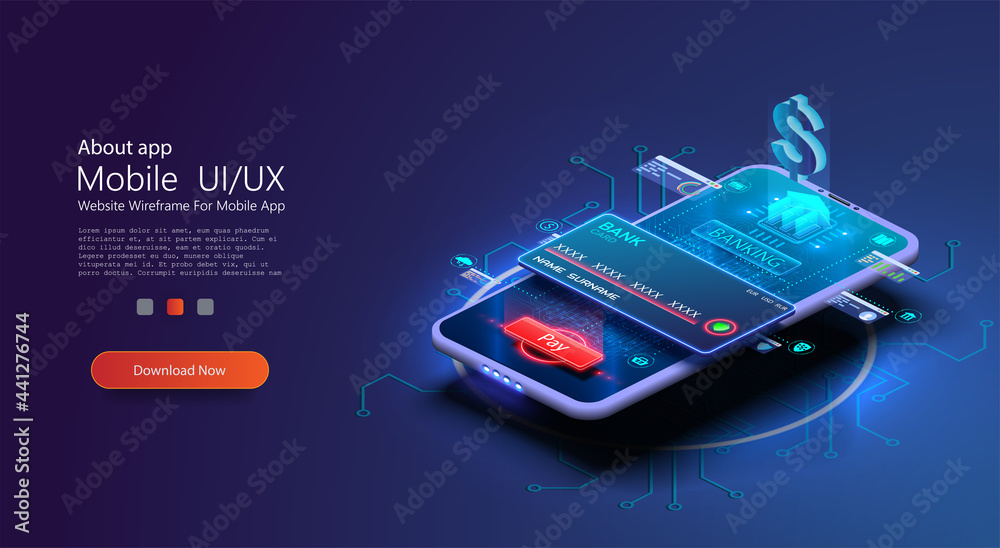 Poster blue online banking app landing page. smart wallet concept with credit, debit card payment applicati