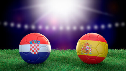 Fototapeta premium Two soccer balls in flags colors on stadium blurred background. Croatia and Spain. 3d image