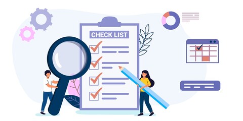 Checklist or habit tracker Tiny people fill out a form Concept done job Check list with tick mark Long paper document and to do list with checkboxes Questionnaire Vector illustration in flat style