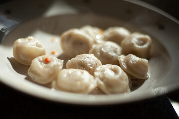 Dumplings in a plate. It's a regular meal.