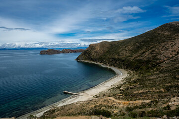 boats on the copacabana river, bolivia