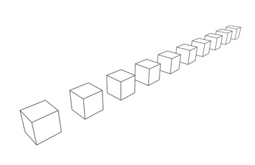 3d geometric outline shapes set, 10 cubes vanishing in perspective. illustration