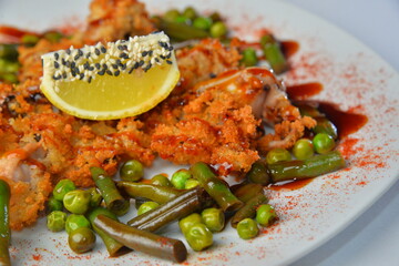 Yummy Thai food, spicy salad with seafood serve with vegetables tempura, Asian delicious in Japanese style concept