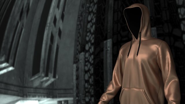 Anonymous hacker with blown leather hoodie in shadow under spaceship inside background. Dangerous criminal concept image. 3D CG. 3D illustration. 3D high quality rendering.