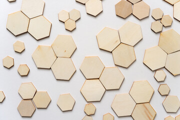 pattern with natural or untreated wooden hexagons isolated on white