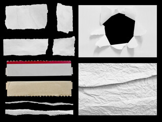 Piece of torn old paper on black. Copy space