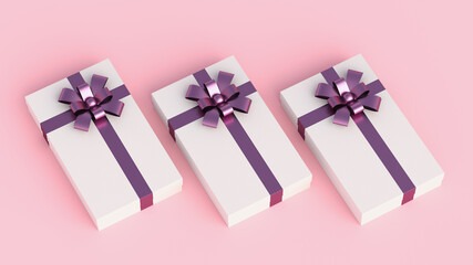 Small luxury white gift boxes with purple ribbon, on pink background. Concept for women and holidays. 3D Rendering