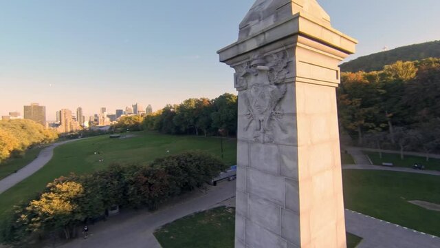 Aerial: Angel Satue in Mont Royal Park. Montreal Canada