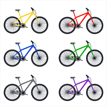 Color different bicycles icon set for urban, sport and mountain flat design. Vector image