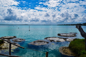 Lake and sky with stromatolites around in Bacalar, Mexico 