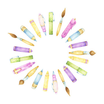 Back to school set of colorful watercolor pens, pencils, markers and brushers in a circle, round design, isolated objects on white background, feminine stationery, school items, planner, stickers