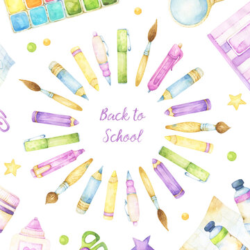 Back to school set of colorful watercolor pens, pencils, markers and brushers in a circle, round design, square template, feminine stationery, school items, planner, stickers, kids illustration