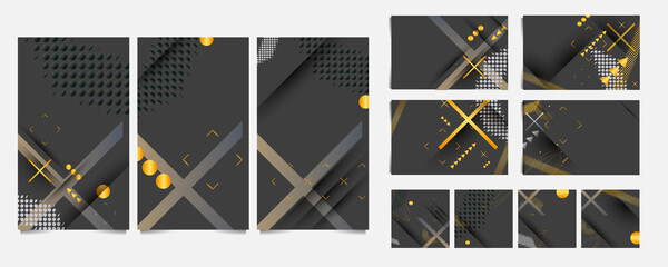 Set template jewelry backgrounds with golden elements for flyers, business art presentations on gray background. Modern abstract covers set