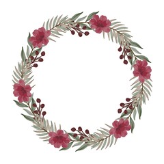 circle frame with red flower and leaves, wreath 