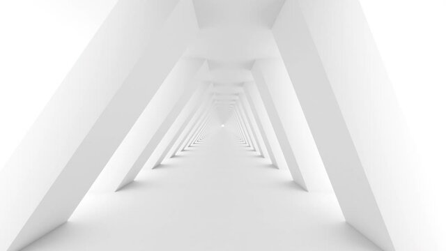 Futuristic empty white corridor with rectangular walls and bright light. Seamless looping animation