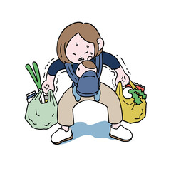 赤ちゃんを連れて重い買い物袋を必死に持つ主婦