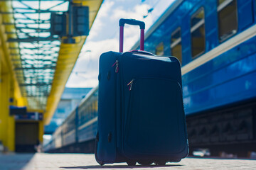 Suitcase on wheels at the railway station against the background of the train. Concept on the topic of tourism.