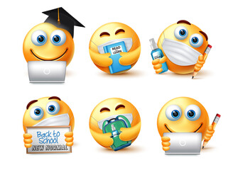 Back to school smiley covid-19 guidelines vector set. Emoticon 3d student characters in covid safety measure for educational pandemic prevention emoji collection design. Vector illustration
