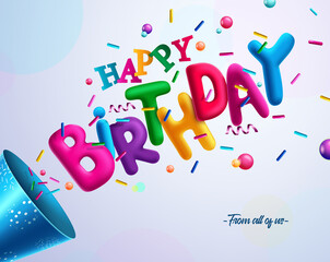 Birthday 3d vector concept design. Happy birthday greeting text with colorful confetti element for fun and enjoy kids birth day party celebration decoration. Vector illustration
