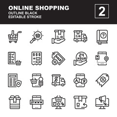 Icon Set Shopping Online with outline black style. Contains such of find product, buy, gift box, searching, policy rules, faq,  invoices, coin, shopping list and more. You can use for web, app and mor