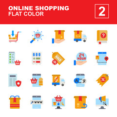 Icon Set Shopping Online with flat color style. Contains such of find product, buy, gift box, searching, policy rules, faq, invoices, coin, shopping list and more. You can use for web, app and more.