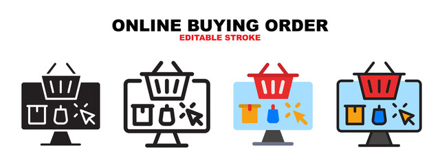 Online Buying Order icon set with different styles. Icons designed in filled, outline, flat, glyph and line colored. Editable stroke and pixel perfect. Can be used for web, mobile, ui and more.