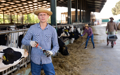 Farmer with syringe and medicine in his hands at a dairy farm